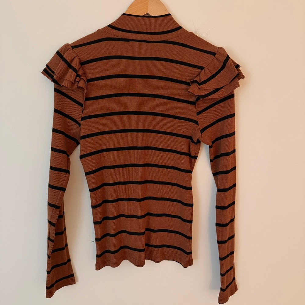 Anthropologie t.la Ruffled Turtleneck Top Brown Black Stripped Size Medium - Picture 2 of 7